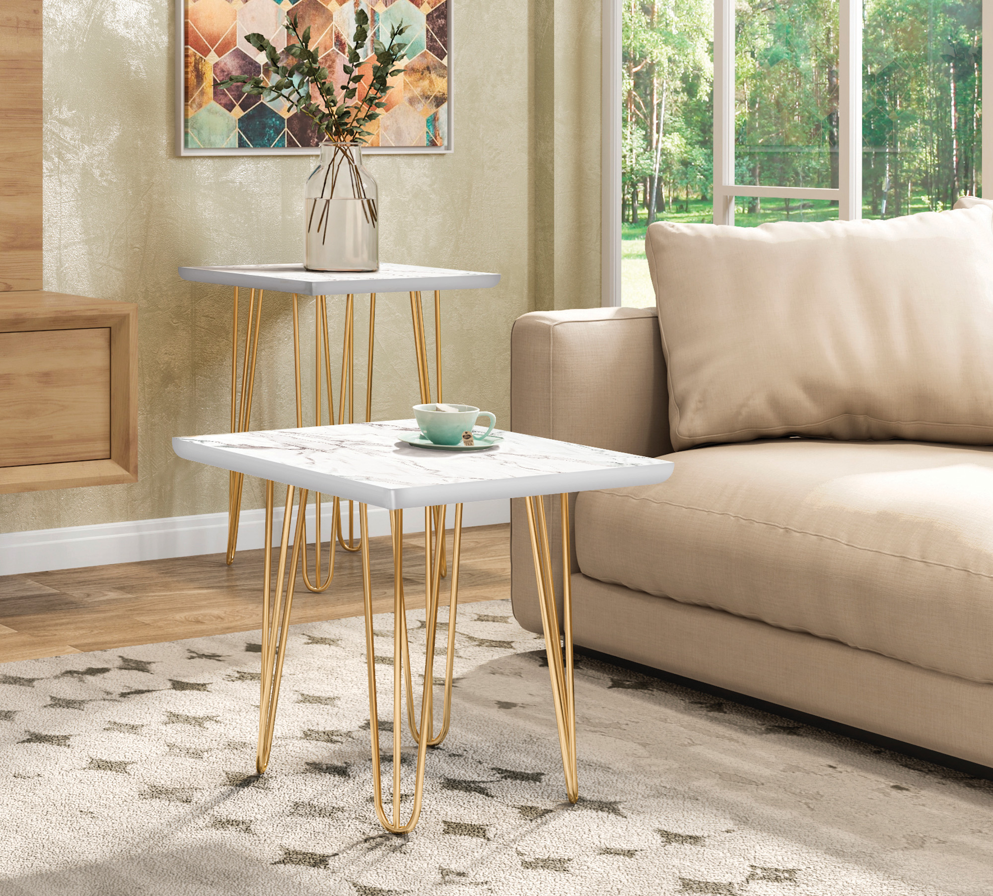 Bendigo Tall Side Table with Wooden Top White Stone Effect